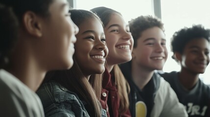 Obraz premium Group of cheerful diverse teenagers smiling together, showcasing friendship and joy in a modern, bright indoor setting perfect for youth related concepts