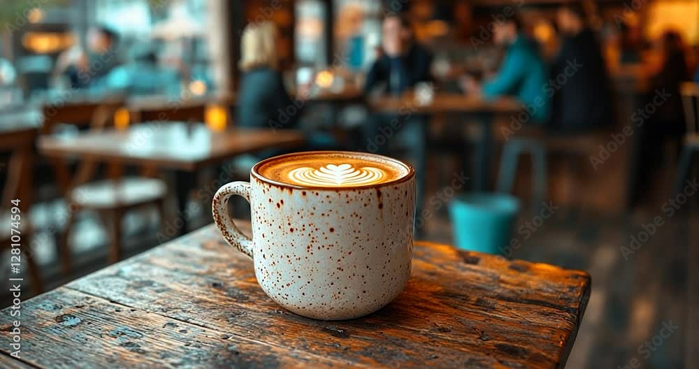Aufkleber coffee cup with latte art on a wooden table in a cafe setting