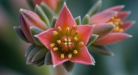Fototapeta premium Close-up view of vibrant pink succulent flowers blooming with yellow stamens against a blurred green background