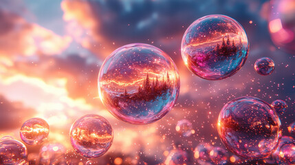 Floating iridescent bubbles reflect vibrant cosmic landscapes amid a colorful twilight sky in a detailed depiction of surreal beauty