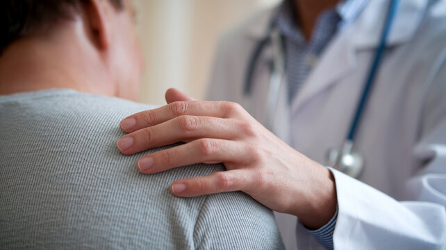 A compassionate close-up of a doctor comforting a patient by placing a hand on their shoulder, symbolizing care, empathy, and emotional support in a medical setting.