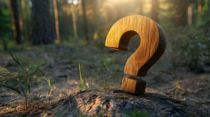 A large wooden question mark sits on a tree stump in a sun-dappled forest.