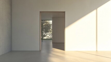Sunlight streams into a serene room through an open door, guiding the eye to a peaceful outdoor view. The atmosphere exudes calmness and simplicity, inviting contemplation