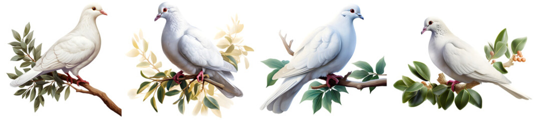 Obraz premium Elegant white doves perched on branches in nature on transparent background