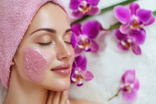 Woman's face with pink mask and towel on a background of archidea flowers