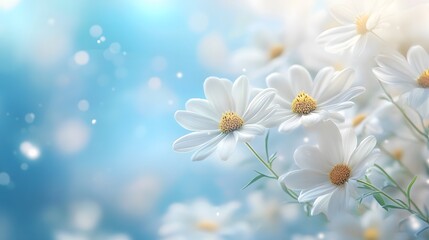 White daisies against a blurred blue sky highlight delicate petals and yellow centers, creating a soft, dreamy summer meadow scene with natural lighting.