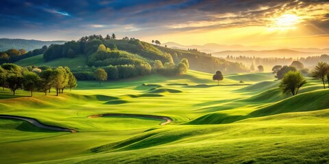 Obraz premium Rolling hills and lush green grass with subtle texture and natural light effects, golf course, outdoor, golf course, outdoor