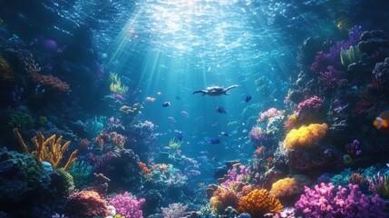 Naklejka premium Underwater exploration vibrant coral reef ocean nature photography marine environment aerial view biodiversity conservation