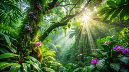 Lush green canopy with sunlight filtering through leaves in deep tropical jungle of Southeast Asia in August, orchids