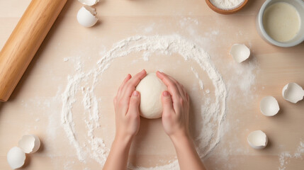 Fototapeta premium Kneading dough on wooden surface with flour and eggshells around