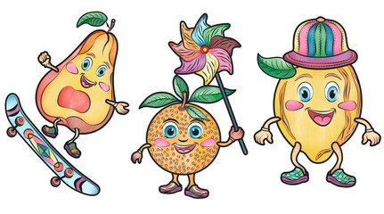 Beautiful cartoon fruits stickers for kids pear lemon orange