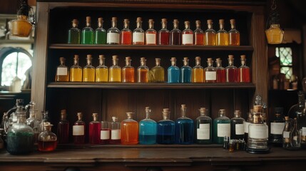 A vibrant display of colorful bottles arranged neatly on a shelf, adding a lively touch to the room's decor.