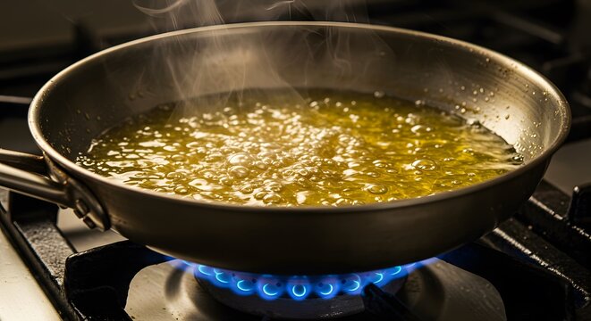 Hot oil boiling in a frying pan on a gas stove with a blue flame, ready for cooking