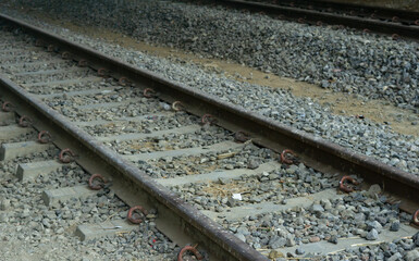 Close-Up of Old Railway Tracks in a Rural Landscape