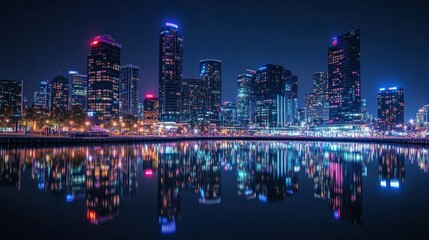 Fototapeta premium Vibrant night cityscape reflections urban skyline photography modern architecture aesthetic view nightlife atmosphere