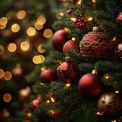 Obraz premium Ornaments decorating a Christmas Tree, with Defocused Lights in the Background