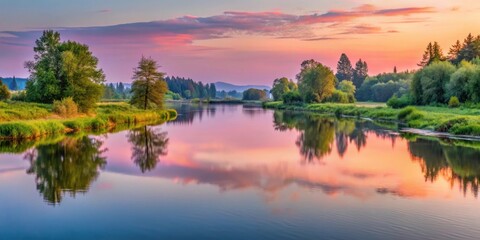 Soft pink hue of sunrise reflected on calm waters of Snohomish River Delta, surrounded by lush greenery and serene landscape in Everett WA , everett wa, nature scenery