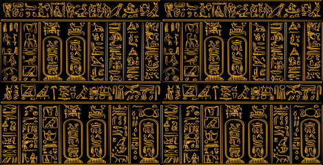 Golden ancient egyptian hieroglyphs alphabet pattern over black background. Ancient egyptian and ancient culture concept © Alejandro Bernal