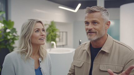 Obraz premium couple discussing home design in modern bathroom showroom, showcasing excitement and engagement
