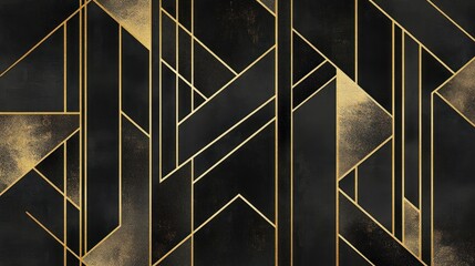 Abstract geometric art deco pattern with gold lines on dark background.
