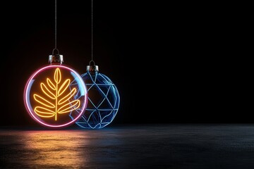 A high-tech tree adorned with transparent ornaments that contain neon-colored holograms, reflecting a modern and tech-inspired design