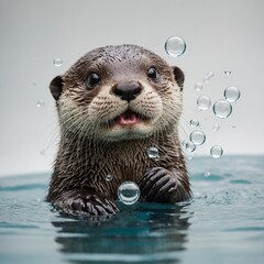 "A baby otter blowing bubbles, looking joyful, on a clean white background."