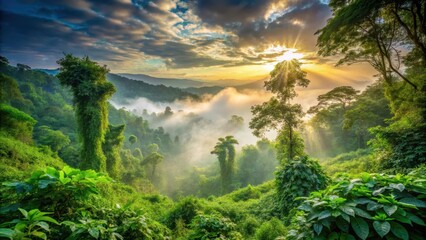Obraz premium Dense green foliage surrounded by towering trees in a misty Cherrapunji landscape at sunrise