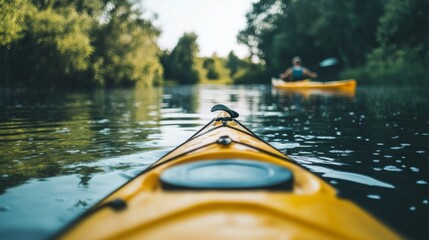 Kayaking adventure on a serene river, showcasing nature's beauty and calm surroundings