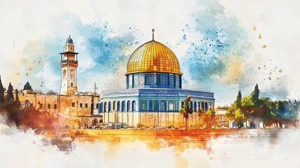 Watercolor Painting of the Dome of the Rock in Jerusalem