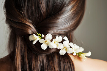 Naklejka premium White flowers in hairstyle for beautiful shiny dark hair, hair care