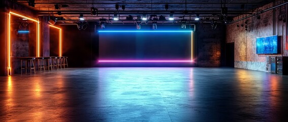 A high-tech esports tournament stage, illuminated with dramatic lighting and filled with energetic fans