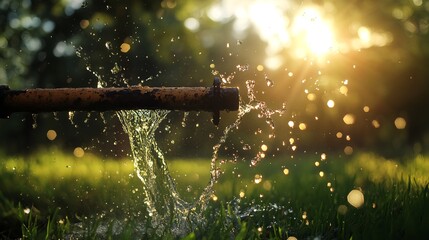 Water Flowing from Rusted Pipe into River Surrounded by Green Grass