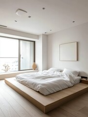 The minimalist bedroom showcases a clean and simple design