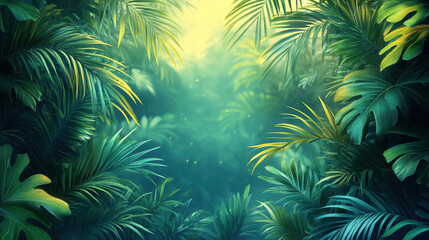 Fototapeta premium Lush tropical jungle canopy with sunlight and green foliage - nature scene for design projects