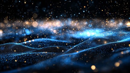 A blue light trail with glowing particles on a black background, depicting fast digital data transfer in internet and network connection technology, conveying the idea of future information speed