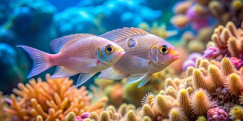 A pair of iridescent fish gracefully swim amidst vibrant coral reefs, showcasing the beauty of underwater ecosystems