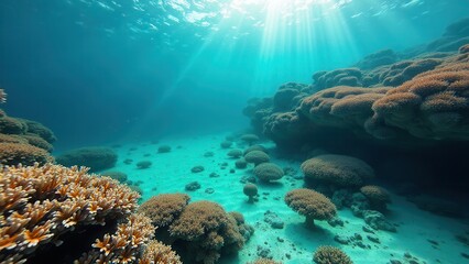 Fototapeta premium Sunlit underwater view of coral reef affected by coral bleaching in ocean 