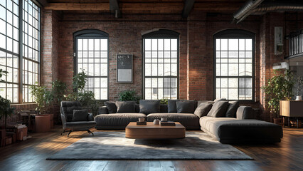 Stylish loft apartment with industrial decor, large windows, and cozy furniture