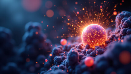 A microscopic view showcasing the structure of semaglutide with glowing particles signifying energy or interaction with other molecules.