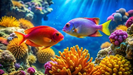 Fototapeta premium Vibrant Reef Inhabitants Two Colorful Fish Gracefully Interact Amidst a Lush Coral Garden