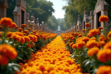 Vibrant Marigold Flowers Adorning the Path in a Dia de Muertos Celebration