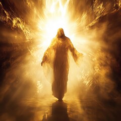 Radiant Figure in Golden Robe Walking Towards Light