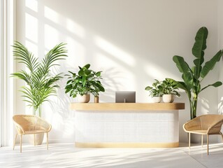 Modern reception area features a wooden reception desk and chairs