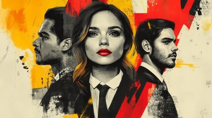 Illustration depicts a woman in the foreground with two men