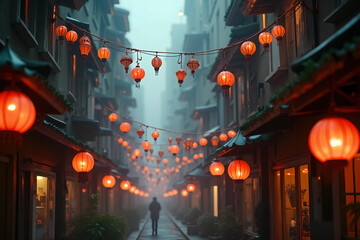 Vibrant Dia de Muertos Celebration Surrounded by Iconic Lanterns and Foggy Streets