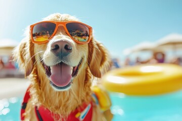 Cheerful golden retriever lifeguard at sunny poolside with floatation device ready for fun
