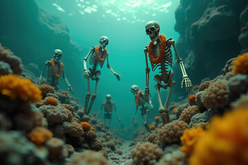 Underwater Celebration of Dia de Muertos with Colorful Skeletons and Coral Ambiance