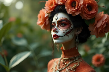 Elegant Day of the Dead Portrait with Floral Headpiece and Intricate Face Paint