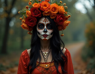 Stunning Dia de Muertos Celebration With Colorful Floral Crown and Intricate Face Paint