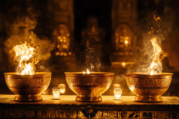 Ancient Egyptian ritual vessels on an ancient table in a sanctuary background.